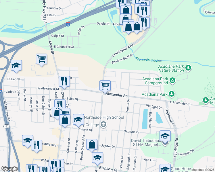 map of restaurants, bars, coffee shops, grocery stores, and more near Rue Villard in Lafayette
