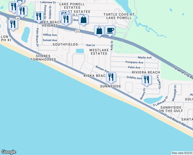 map of restaurants, bars, coffee shops, grocery stores, and more near 32 Belgrade Avenue in Panama City Beach