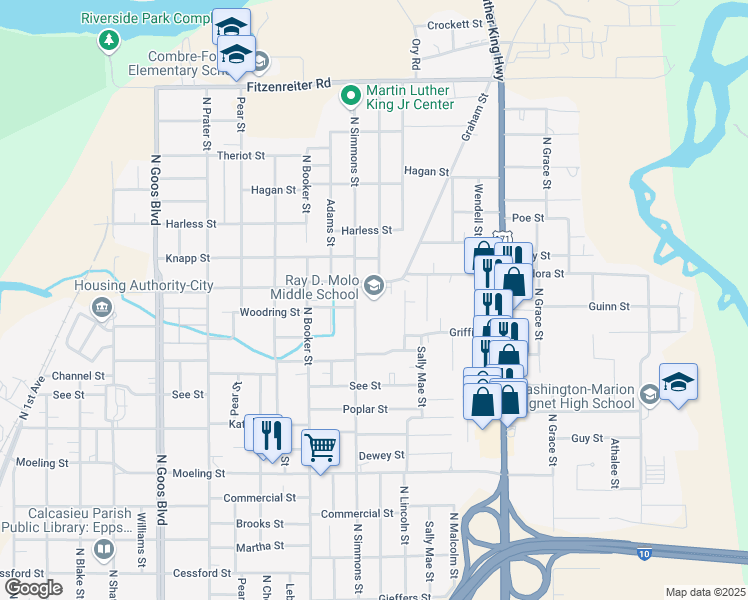 map of restaurants, bars, coffee shops, grocery stores, and more near 2300 Medora Street in Lake Charles