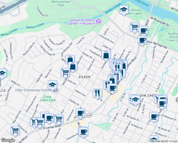 map of restaurants, bars, coffee shops, grocery stores, and more near 1303 Garner Avenue in Austin