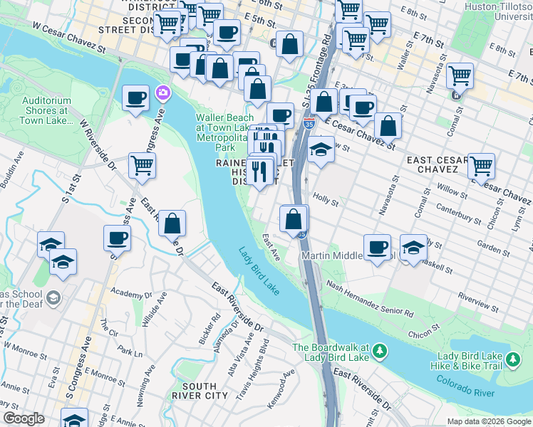 map of restaurants, bars, coffee shops, grocery stores, and more near 51 East Avenue in Austin