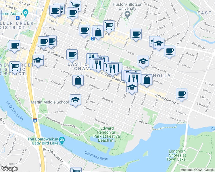 map of restaurants, bars, coffee shops, grocery stores, and more near 1810 Willow Street in Austin