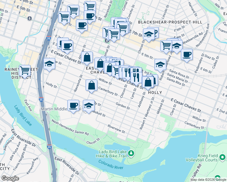 map of restaurants, bars, coffee shops, grocery stores, and more near 1707 Willow Street in Austin