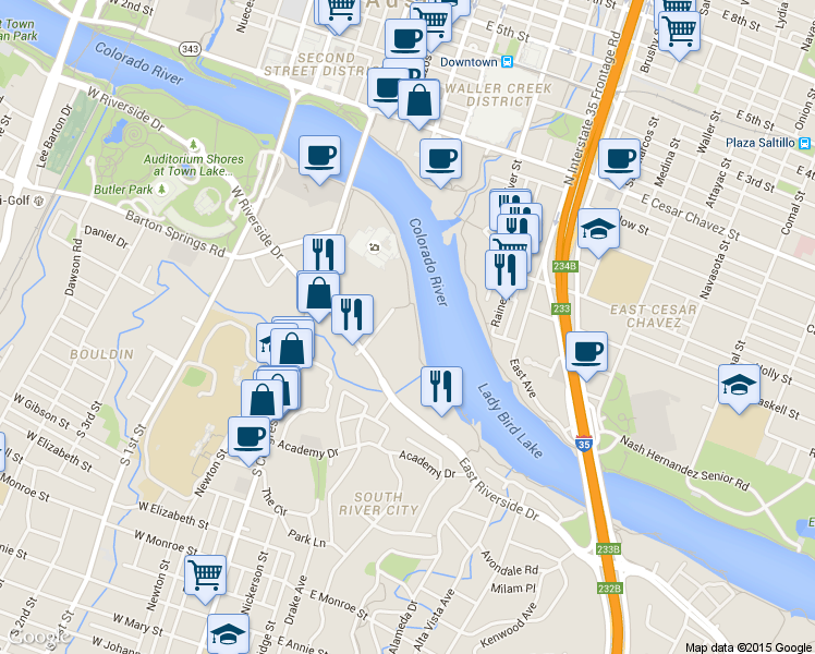 map of restaurants, bars, coffee shops, grocery stores, and more near 222 East Riverside Drive in Austin