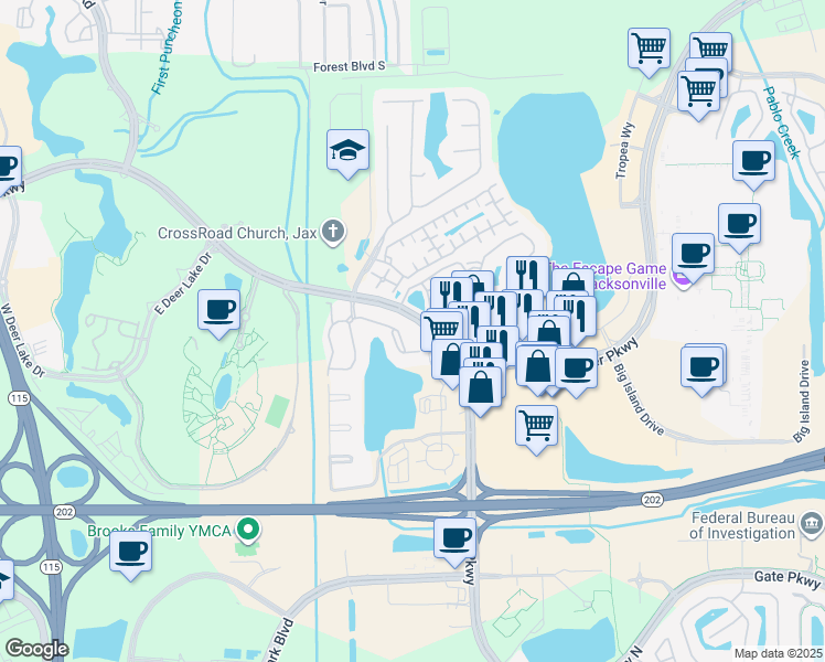 map of restaurants, bars, coffee shops, grocery stores, and more near 10000 Gate Parkway North in Jacksonville