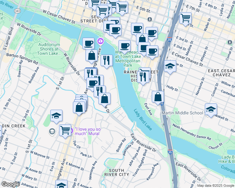 map of restaurants, bars, coffee shops, grocery stores, and more near 222 East Riverside Drive in Austin