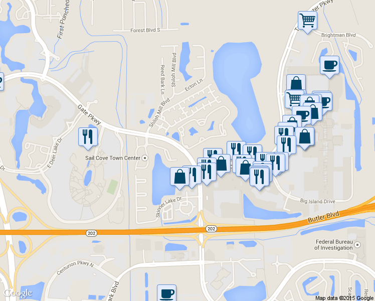 map of restaurants, bars, coffee shops, grocery stores, and more near 10133-10149 Gate Parkway in Jacksonville