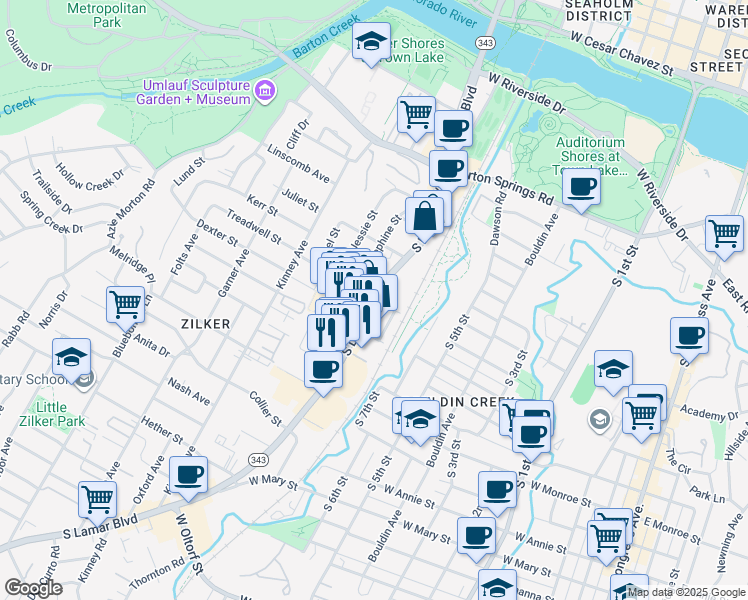 map of restaurants, bars, coffee shops, grocery stores, and more near S Lamar Blvd & Treadwell St in Austin