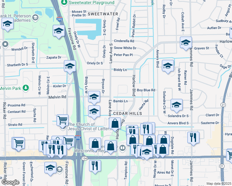 map of restaurants, bars, coffee shops, grocery stores, and more near 4522 Tango Lane West in Jacksonville