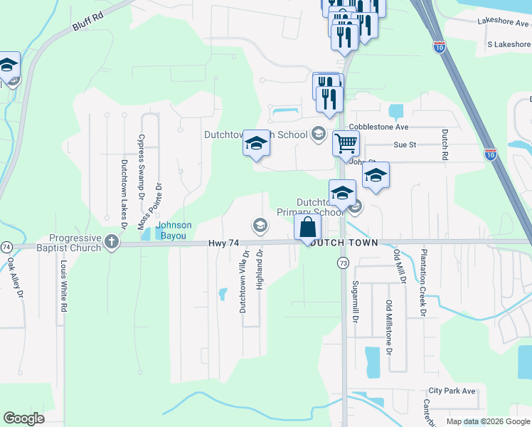 map of restaurants, bars, coffee shops, grocery stores, and more near 36396 Louisiana 74 in Geismar