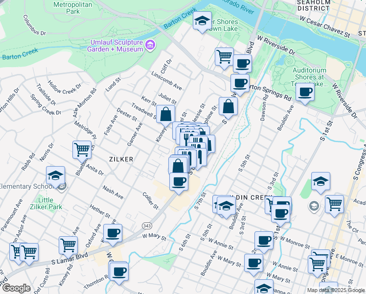 map of restaurants, bars, coffee shops, grocery stores, and more near 1100 Dexter Street in Austin