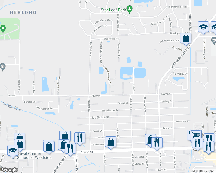 map of restaurants, bars, coffee shops, grocery stores, and more near 4670 Glendas Meadow Dr in Jacksonville