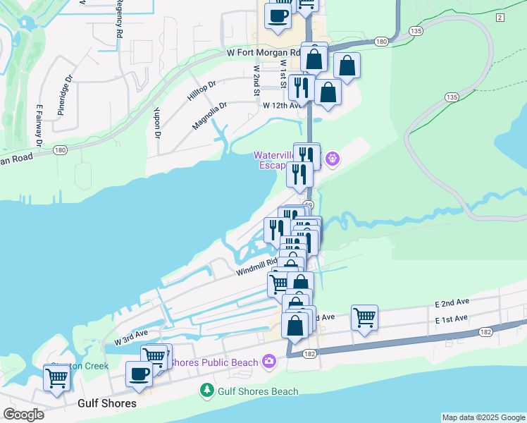 map of restaurants, bars, coffee shops, grocery stores, and more near 160 West 8th Avenue in Gulf Shores