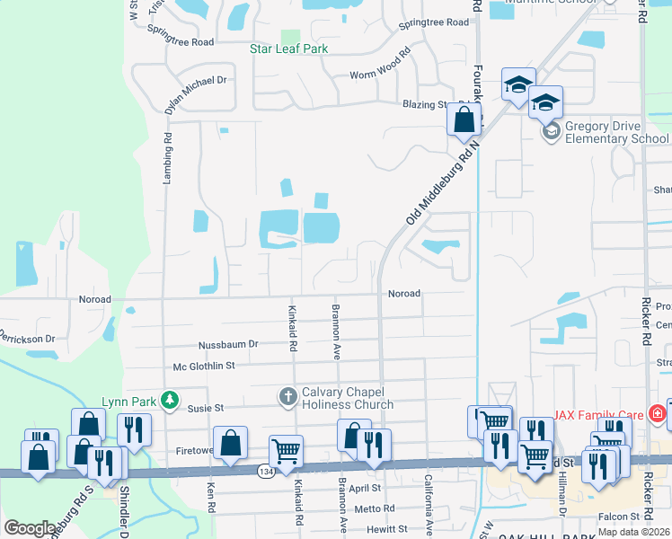 map of restaurants, bars, coffee shops, grocery stores, and more near 8307 Noroad in Jacksonville