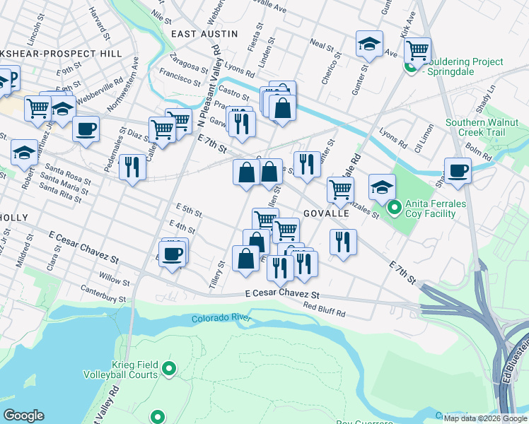 map of restaurants, bars, coffee shops, grocery stores, and more near 606 Allen Street in Austin