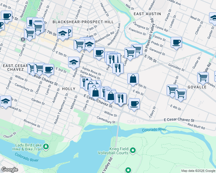map of restaurants, bars, coffee shops, grocery stores, and more near 2519 East 4th Street in Austin