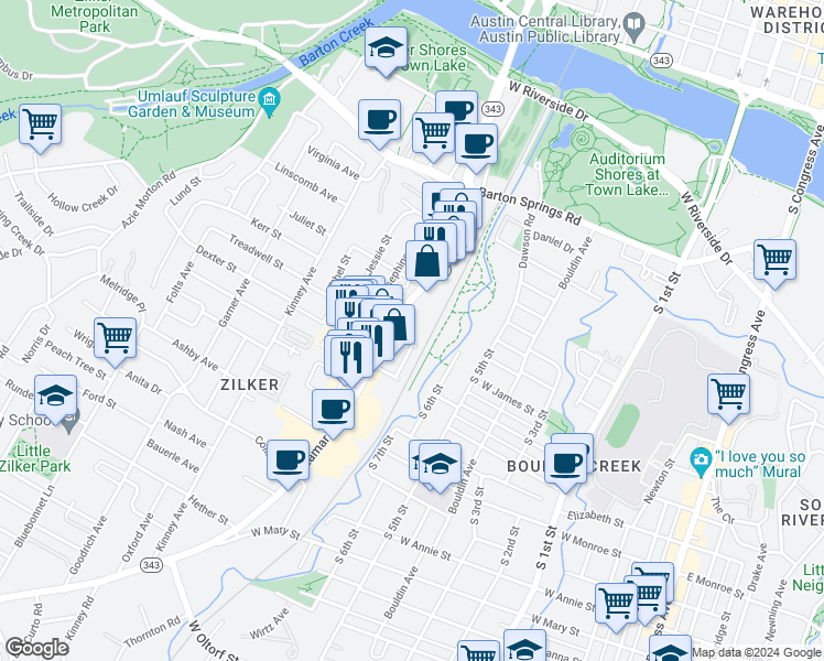 map of restaurants, bars, coffee shops, grocery stores, and more near 811 South Lamar Boulevard in Austin