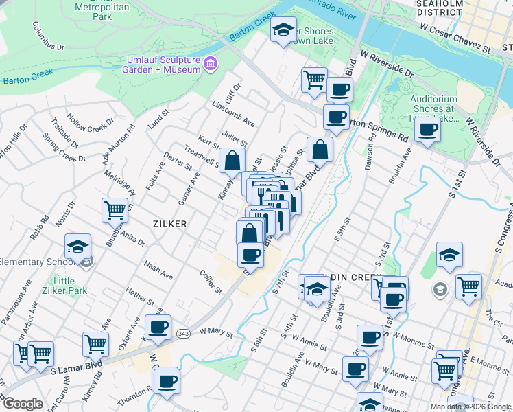 map of restaurants, bars, coffee shops, grocery stores, and more near 1100 Dexter Street in Austin