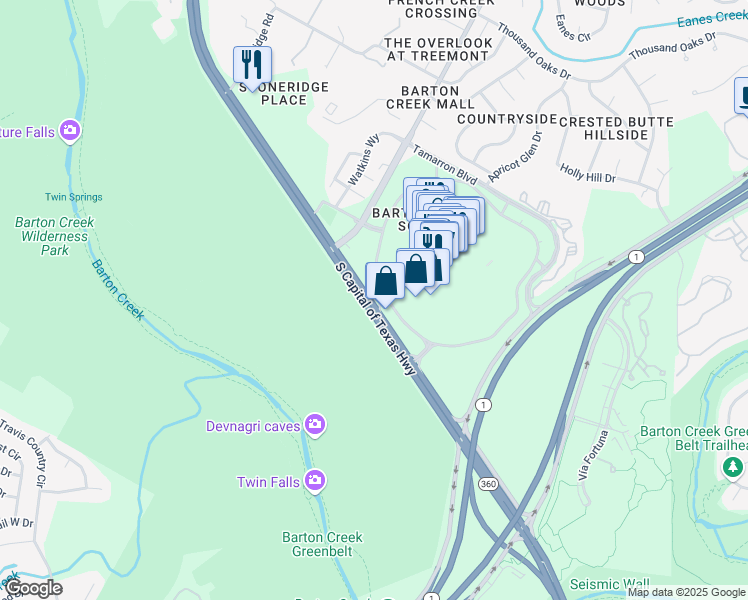 map of restaurants, bars, coffee shops, grocery stores, and more near 3093 S Capital of Texas Hwy in Austin