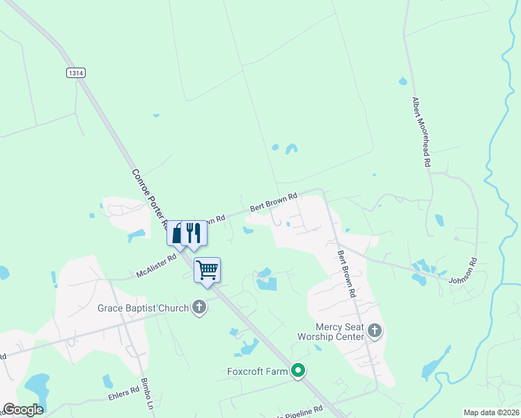 map of restaurants, bars, coffee shops, grocery stores, and more near 13269 Bert Brown Road in Conroe