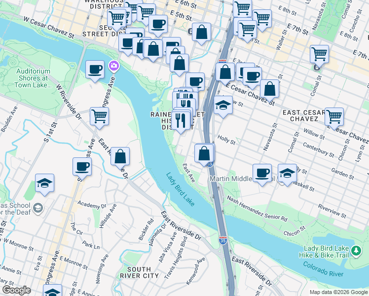 map of restaurants, bars, coffee shops, grocery stores, and more near 51 East Avenue in Austin