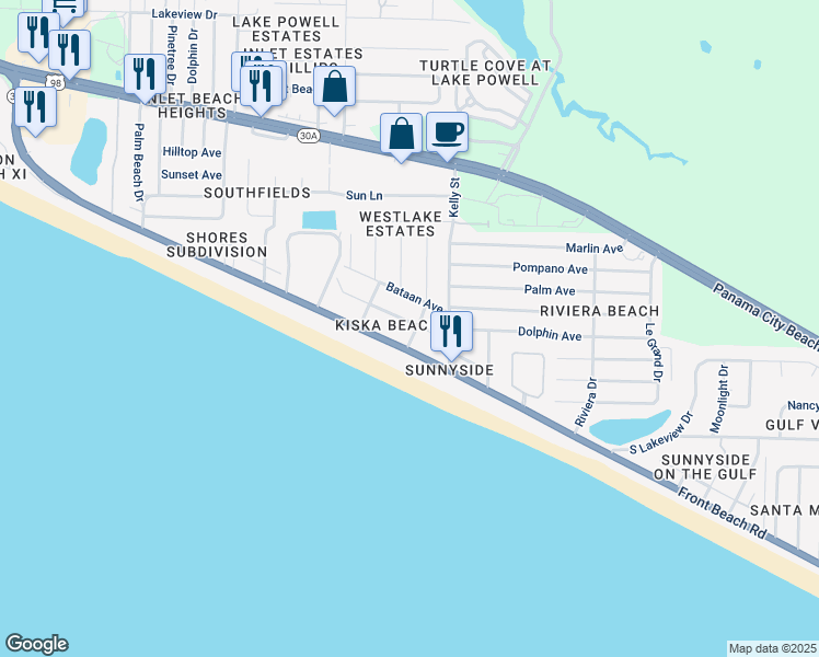 map of restaurants, bars, coffee shops, grocery stores, and more near 107 Derondo Street in Panama City Beach