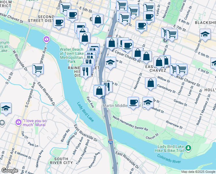 map of restaurants, bars, coffee shops, grocery stores, and more near 1101 Holly Street in Austin