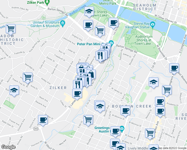 map of restaurants, bars, coffee shops, grocery stores, and more near 1200 Treadwell Street in Austin