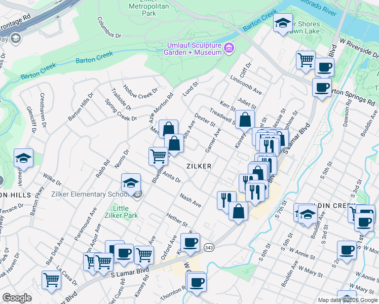 map of restaurants, bars, coffee shops, grocery stores, and more near 1819 Spillman Street in Austin
