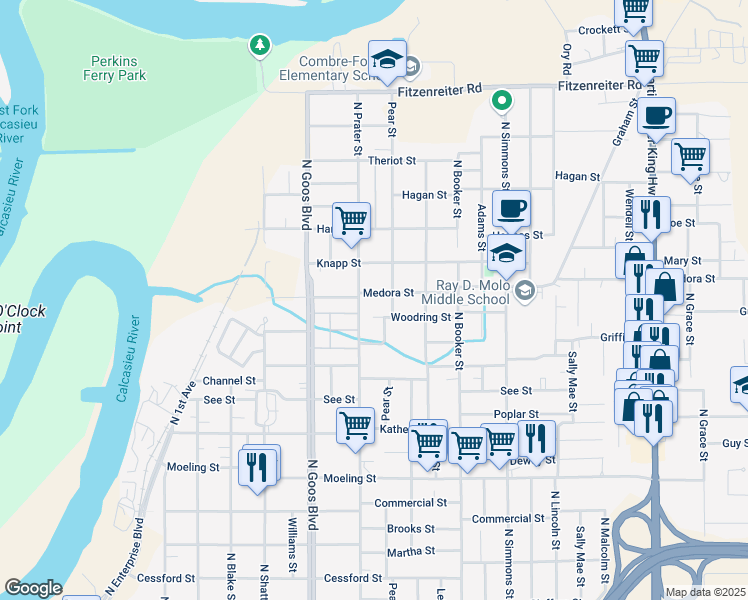 map of restaurants, bars, coffee shops, grocery stores, and more near 2018 Medora Street in Lake Charles