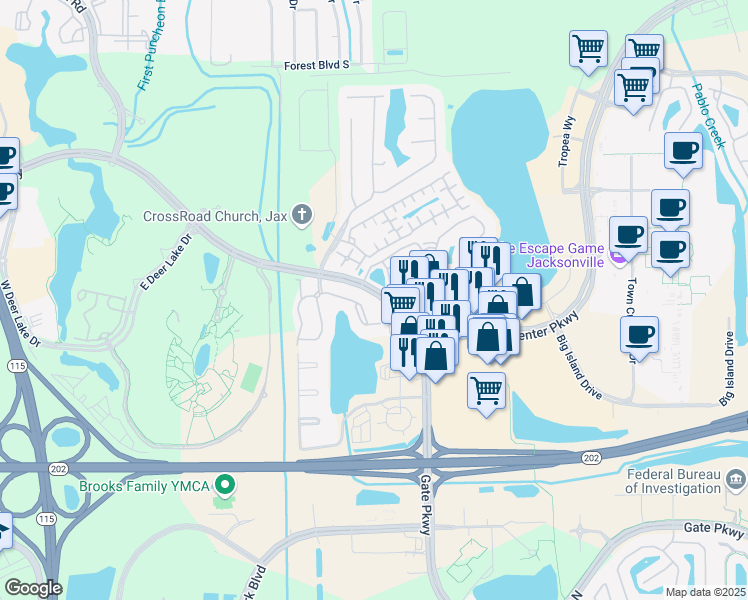 map of restaurants, bars, coffee shops, grocery stores, and more near 10155 Gate Parkway in Jacksonville