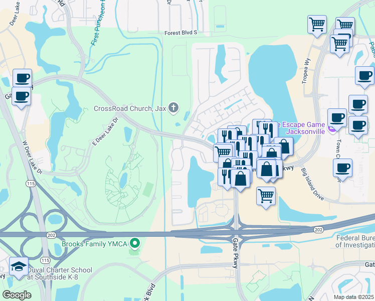 map of restaurants, bars, coffee shops, grocery stores, and more near 10000 Gate Parkway in Jacksonville
