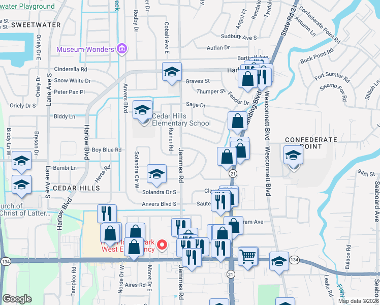 map of restaurants, bars, coffee shops, grocery stores, and more near 4604 Burgundy Road in Jacksonville