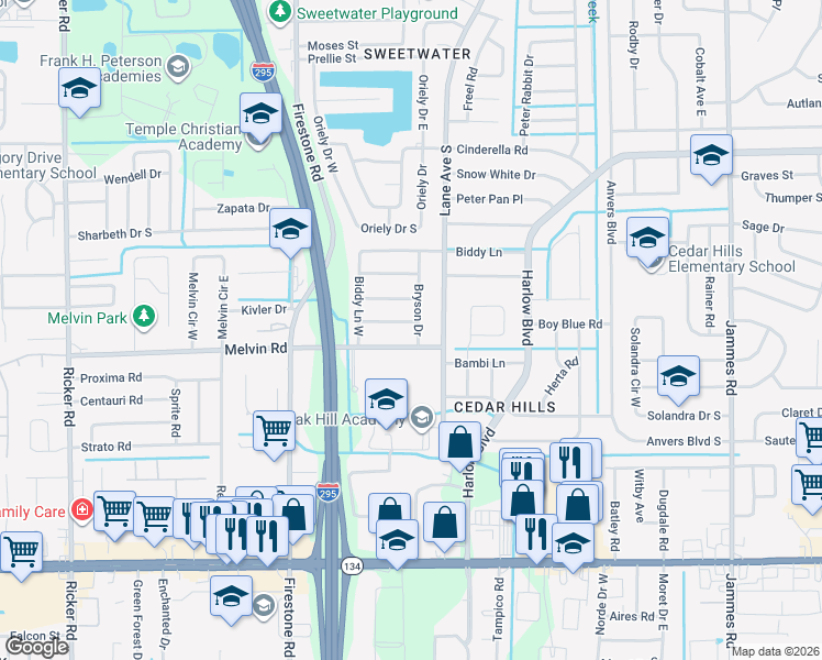 map of restaurants, bars, coffee shops, grocery stores, and more near 7039 Perke Drive in Jacksonville