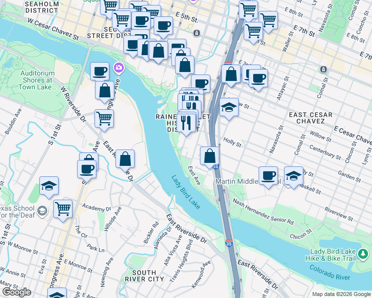 map of restaurants, bars, coffee shops, grocery stores, and more near 54 Rainey Street in Austin