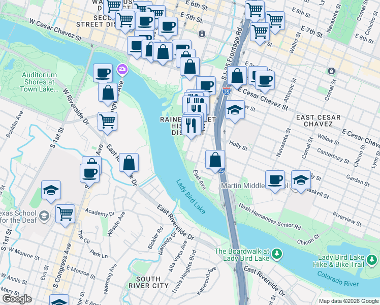 map of restaurants, bars, coffee shops, grocery stores, and more near 54 Rainey Street in Austin