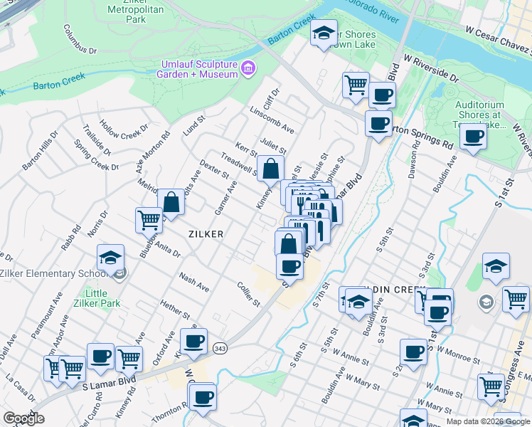 map of restaurants, bars, coffee shops, grocery stores, and more near 1107 Kinney Avenue in Austin