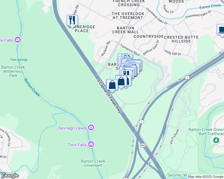 map of restaurants, bars, coffee shops, grocery stores, and more near 2971-3093 South Capital of Texas Highway in Austin