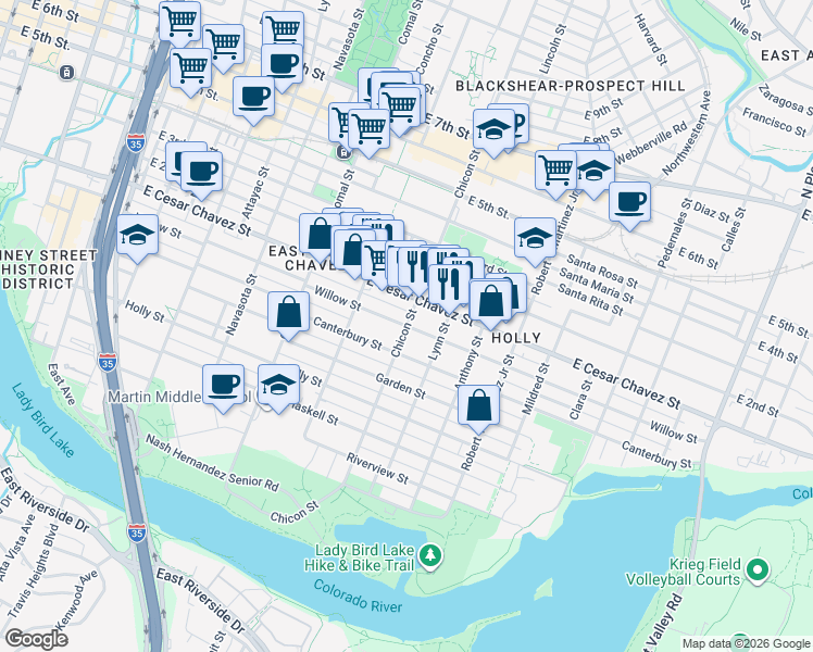 map of restaurants, bars, coffee shops, grocery stores, and more near Chicon St & Willow St in Austin