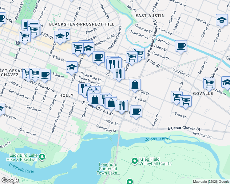map of restaurants, bars, coffee shops, grocery stores, and more near 2519 East 4th Street in Austin