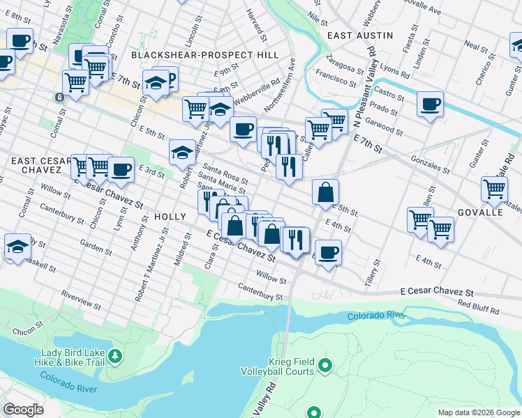 map of restaurants, bars, coffee shops, grocery stores, and more near 2519 East 4th Street in Austin