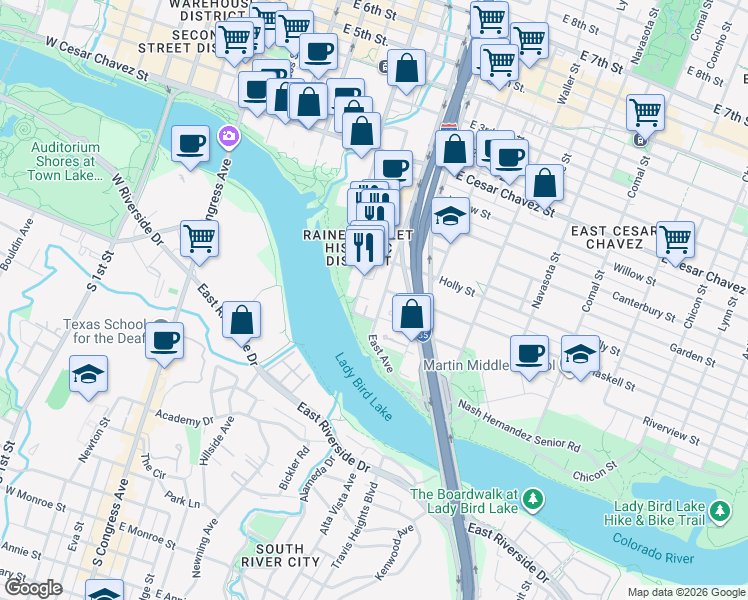 map of restaurants, bars, coffee shops, grocery stores, and more near 51 East Avenue in Austin