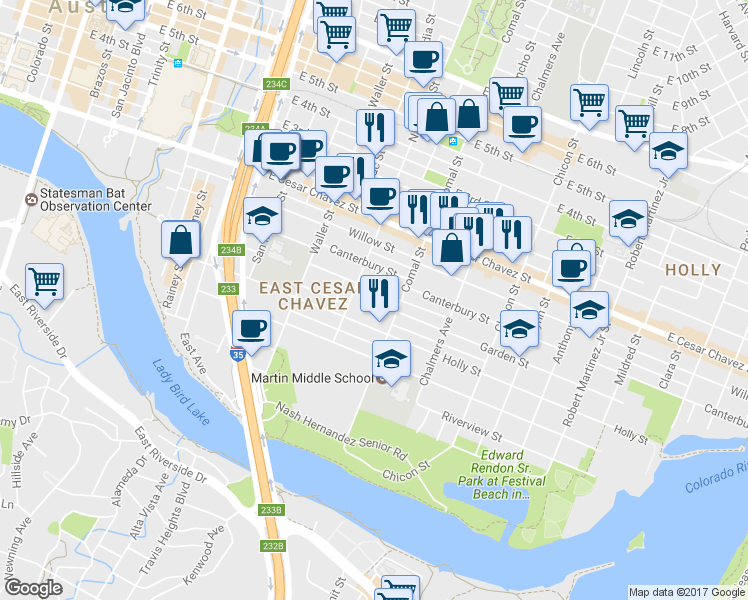 map of restaurants, bars, coffee shops, grocery stores, and more near 1409 Garden Street in Austin