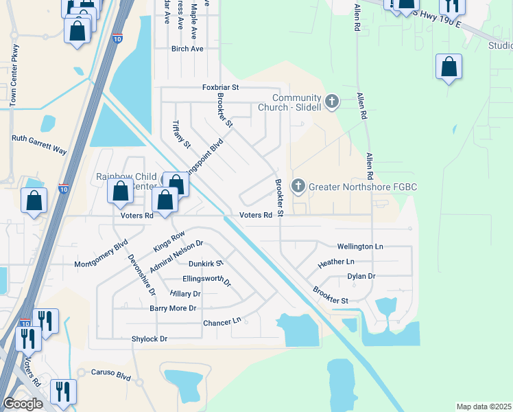 map of restaurants, bars, coffee shops, grocery stores, and more near 149 Trafalgar Square in Slidell
