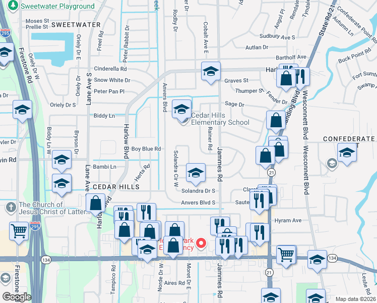 map of restaurants, bars, coffee shops, grocery stores, and more near 4625 Solandra Circle East in Jacksonville