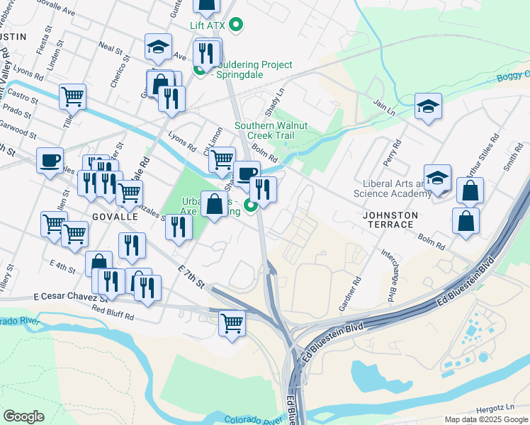 map of restaurants, bars, coffee shops, grocery stores, and more near 823 Airport Boulevard in Austin