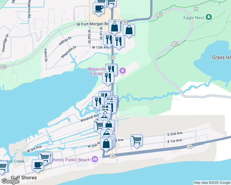 map of restaurants, bars, coffee shops, grocery stores, and more near 832 Gulf Shores Parkway in Gulf Shores