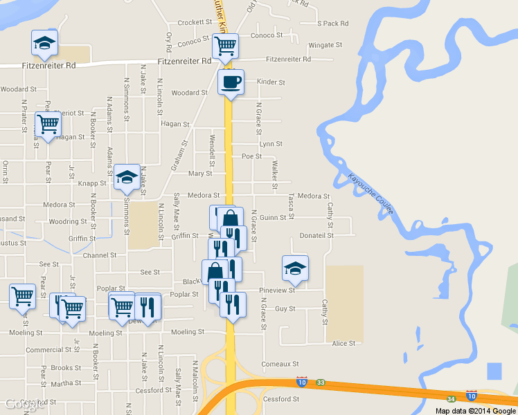 map of restaurants, bars, coffee shops, grocery stores, and more near 1420 N Grace St in Lake Charles
