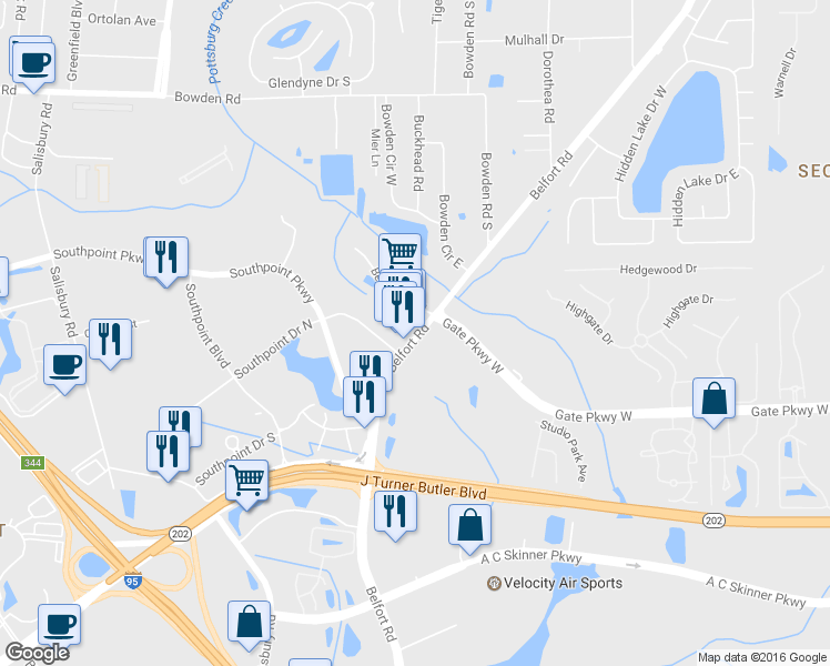 map of restaurants, bars, coffee shops, grocery stores, and more near 4076 Belfort Road in Jacksonville