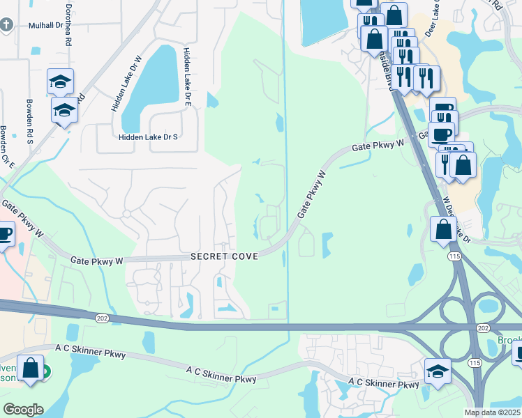 map of restaurants, bars, coffee shops, grocery stores, and more near 8539 Gate Parkway West in Jacksonville